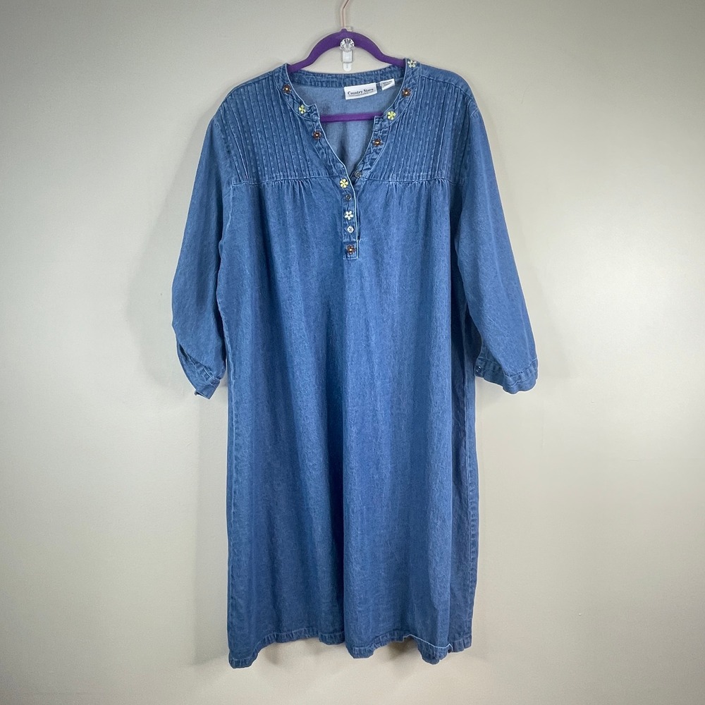 Country Store Denim Shift Dress 2X Embroidered Floral Pintuck Jean Comfy Western